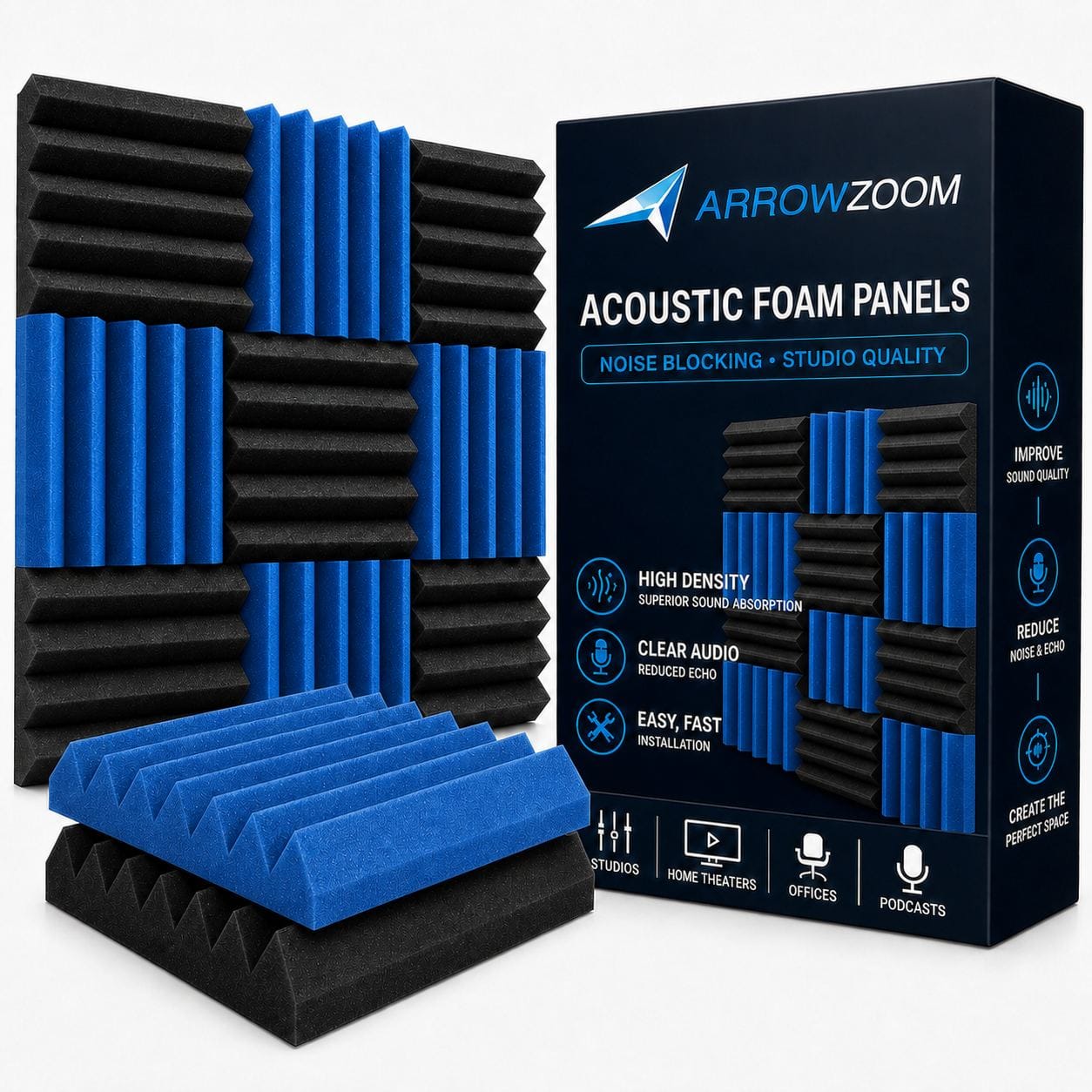 Arrowzoom Wedge Tiles Series Acoustic Foam - Black x Blue Bundle - KK1134