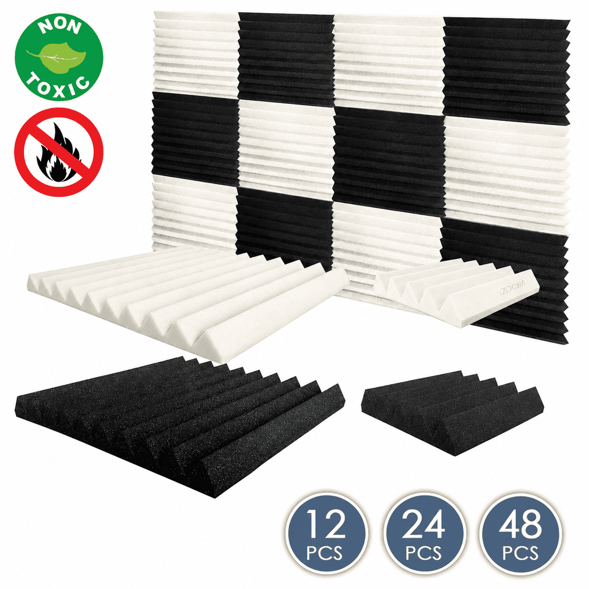 Arrowzoom Wedge Tiles Series Acoustic Foam - Black x Pearl White Bundle - KK1134 White / Black / 12 Pieces - 25 x 25 x 5 cm / 10 x 10 x 2in / No
