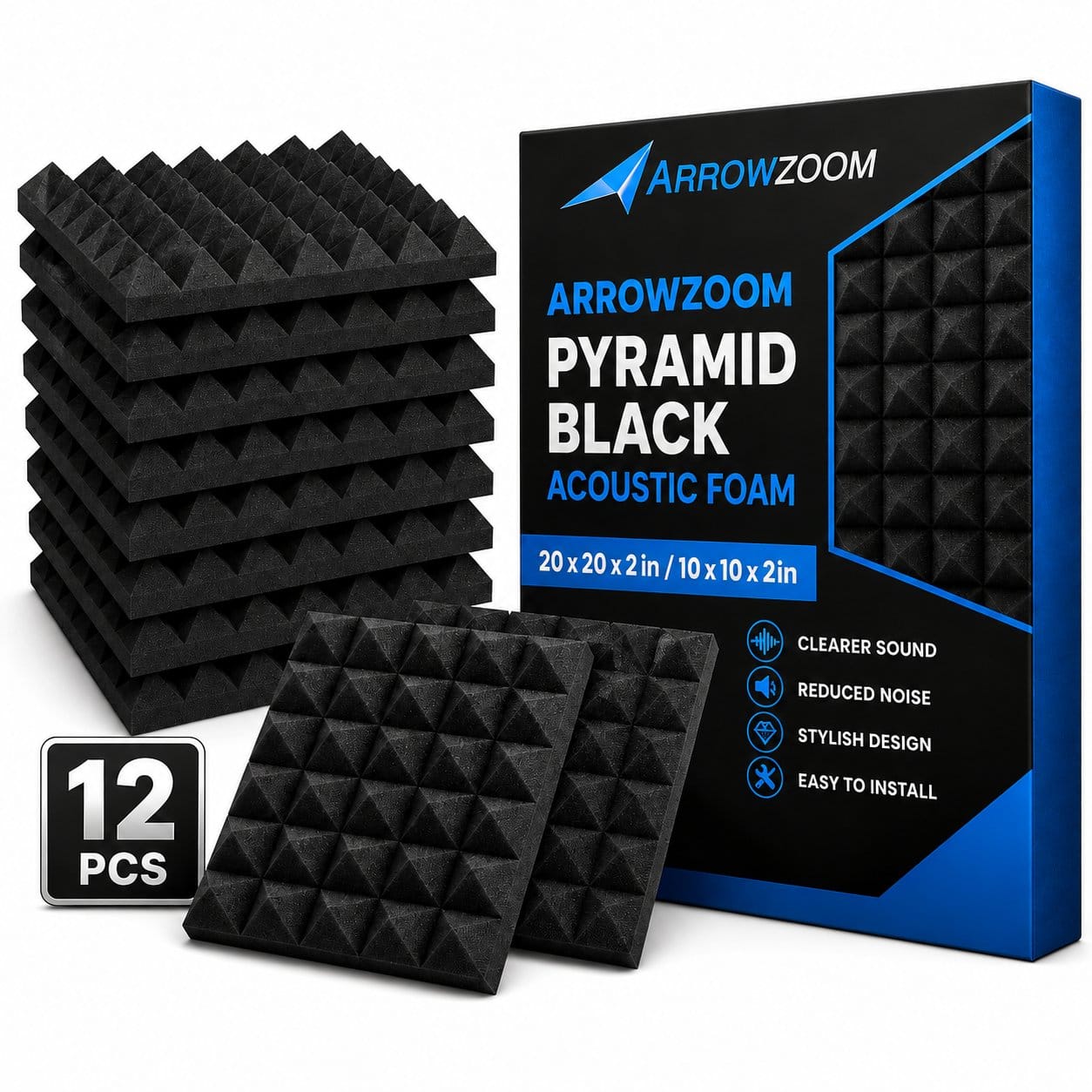 Arrowzoom Pyramid Self-Adhesive Acoustic Foam Tiles — Peel & Stick — Solid Colors - KK1034 Black / 1 Piece - 25 x 25 x 5 cm / 10 x 10 x 2in / No
