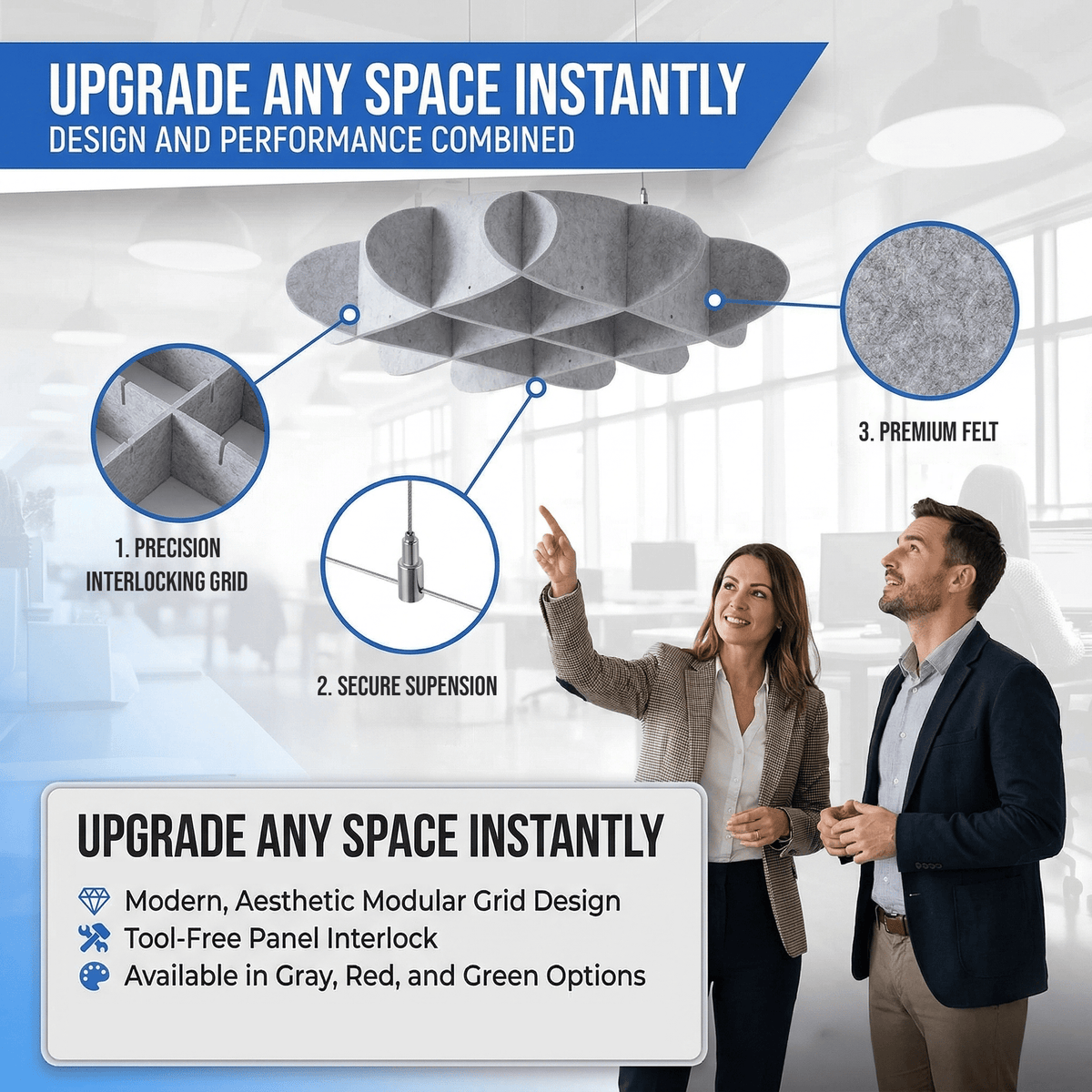 Arrowzoom EchoArt Elegant Sound Absorbers Hanging Ceiling Panels Gray - KK1458