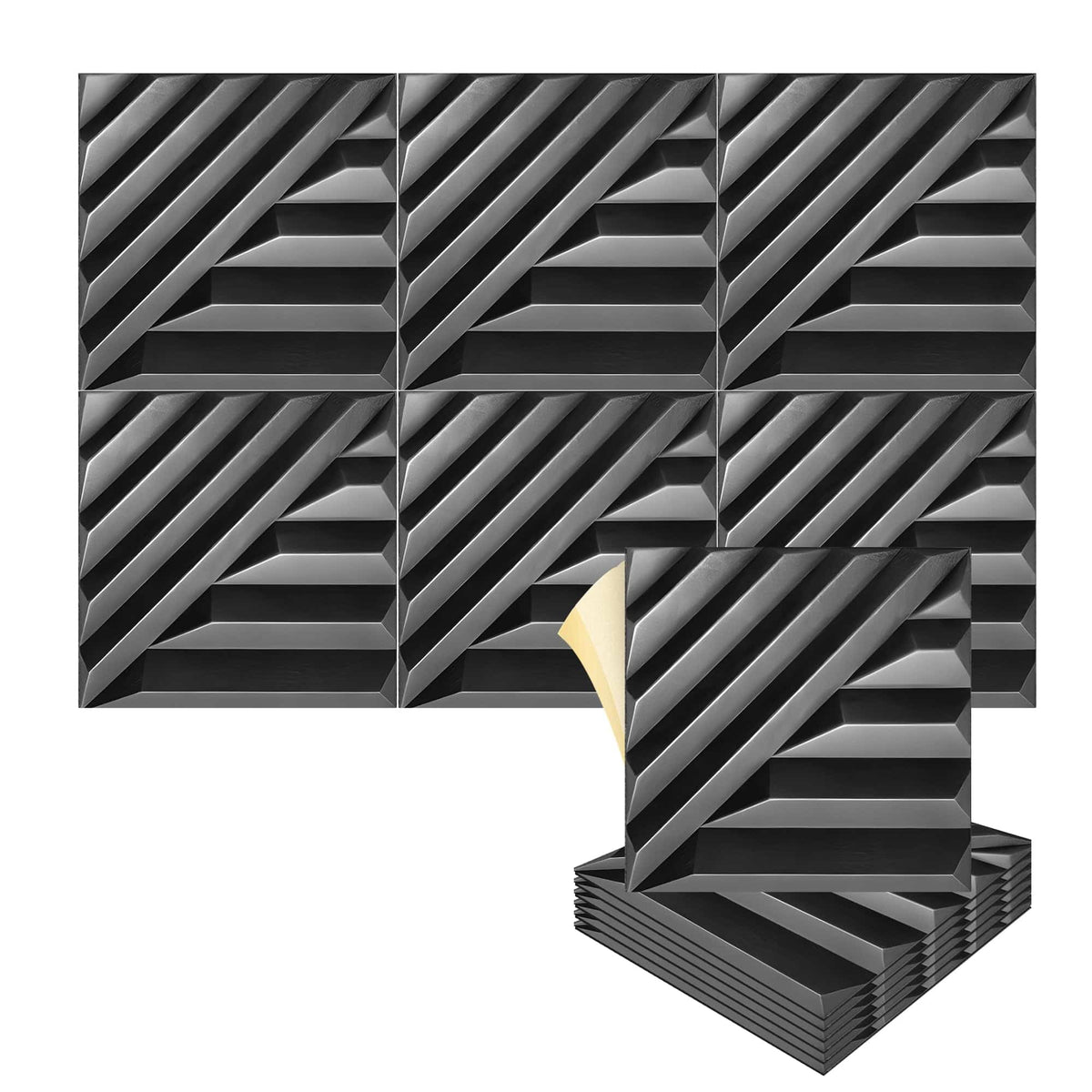 Arrowzoom Solid Wave 3D Polyester Felt Art Panels - KK1426 1 / Black / 50x50cm