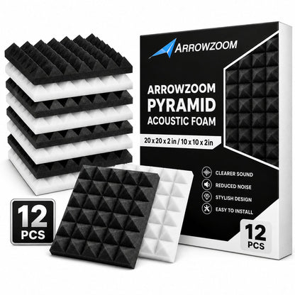 Arrowzoom Pyramid Self-Adhesive Acoustic Foam Tiles — Peel & Stick — Black x Pearl White Bundle - KK1034