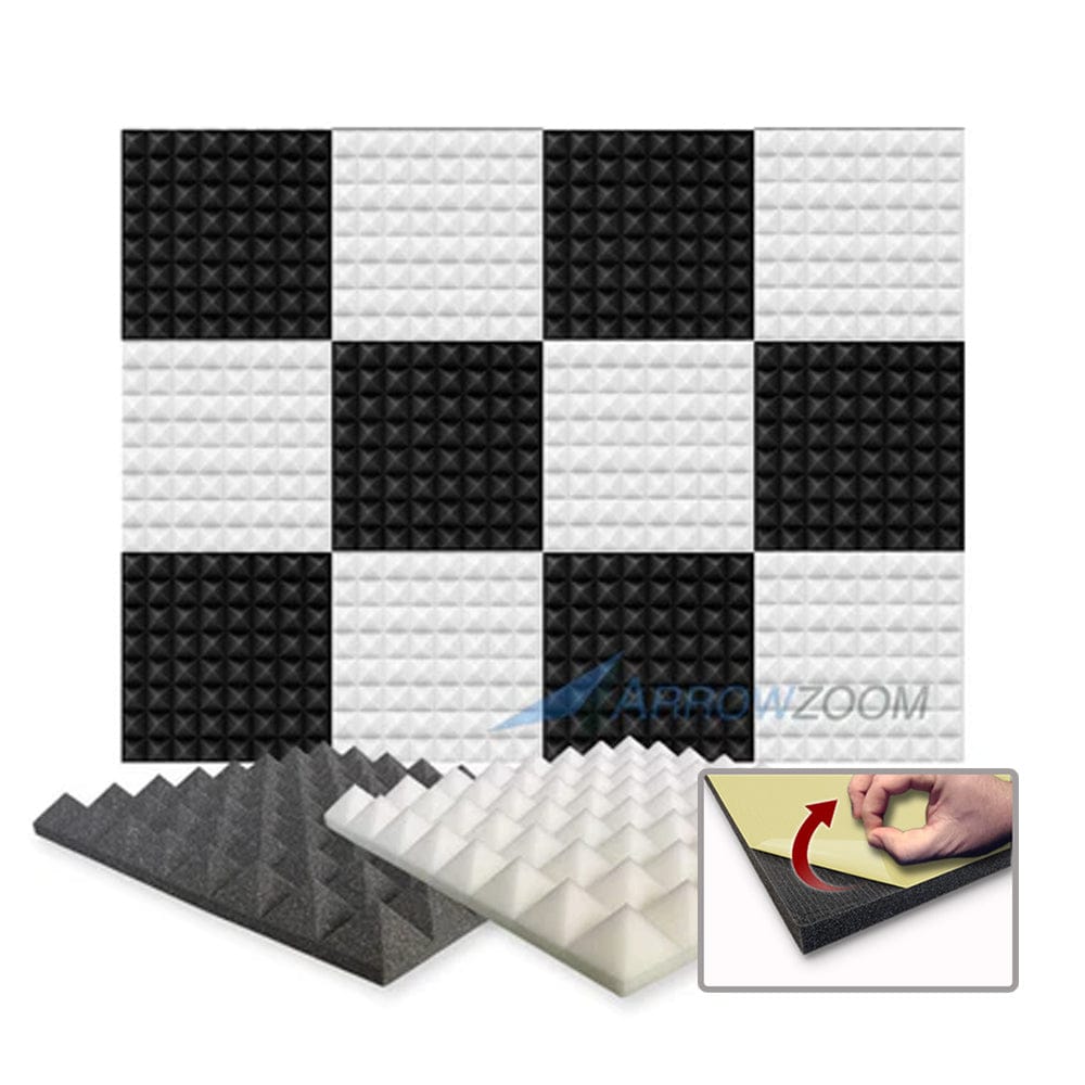 Arrowzoom Pyramid Series Acoustic Foam - Black x Pearl White Bundle - KK1034 Black / Pearl / 12 Pieces - 25 x 25 x 5 cm/ 10 x 10 x 2in / Yes - With Adhesive