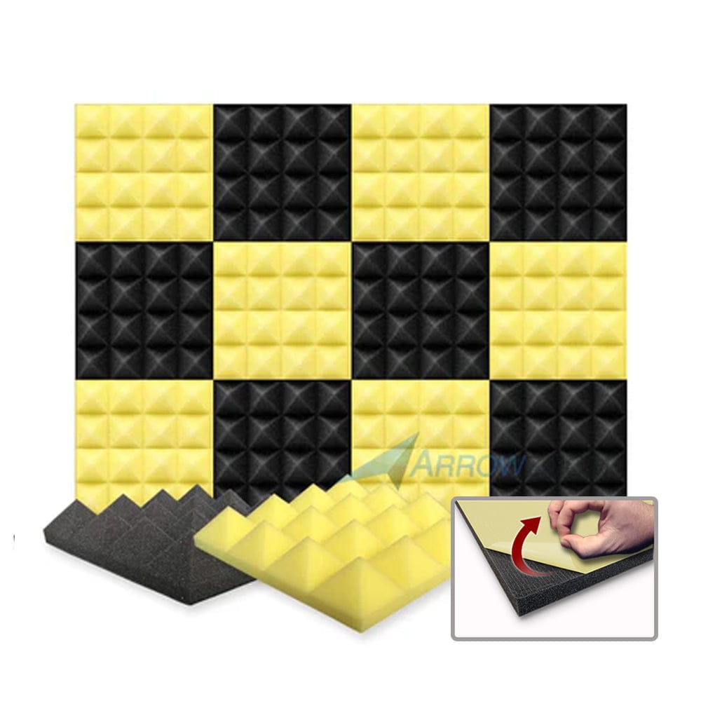 Arrowzoom Pyramid Series Acoustic Foam - Black x Yellow Bundle - KK1034 Yellow / Black / 12 Pieces - 25 x 25 x 5 cm/ 10 x 10 x 2in / Yes - With Adhesive