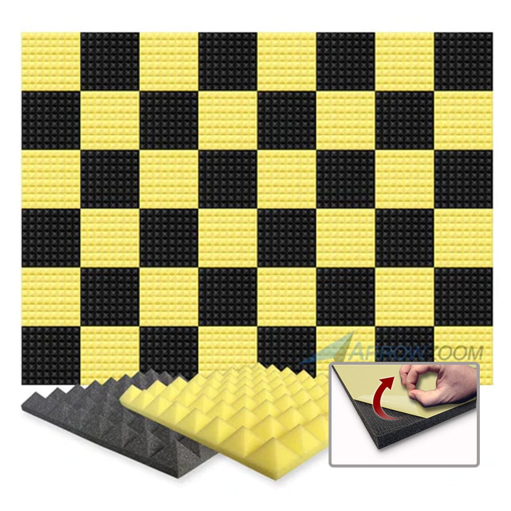 Arrowzoom Pyramid Series Acoustic Foam - Black x Yellow Bundle - KK1034 Yellow / Black / 48 Pieces - 25 X 25 X 5 cm/ 10 x 10 x 2in / Yes - With Adhesive