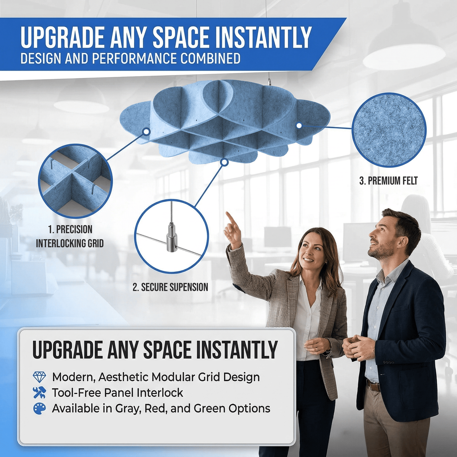 Arrowzoom EchoArt Elegant Sound Absorbers Hanging Ceiling Panels Greyish Blue - KK1463