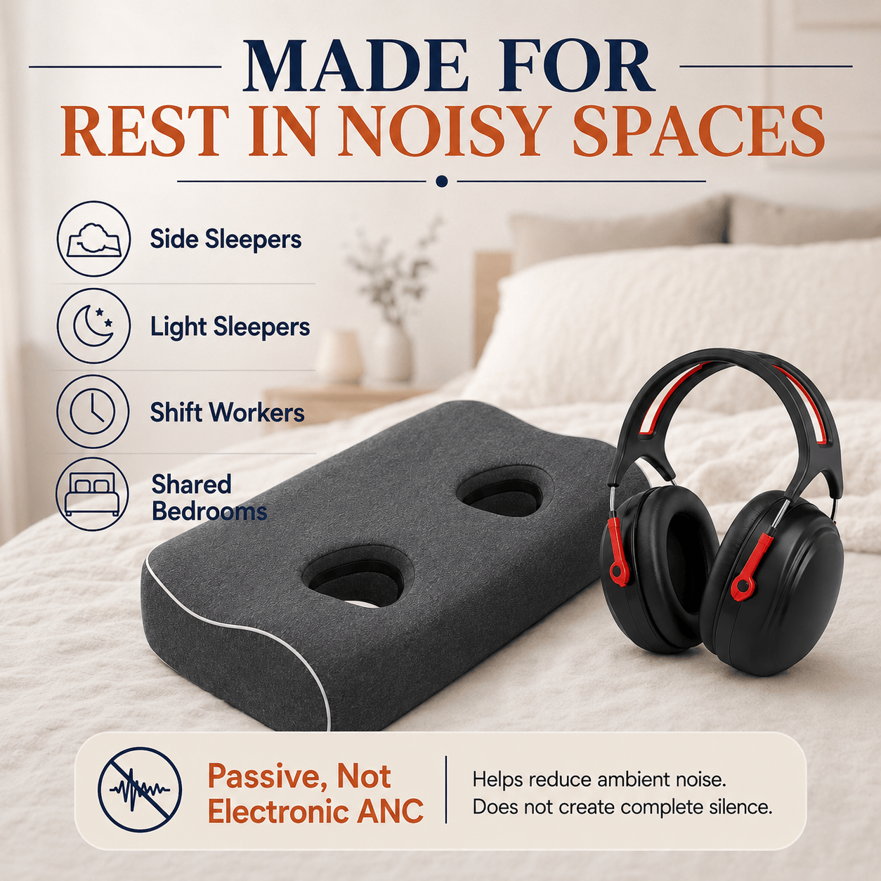 Arrowzoom Better Sleep 2 Ear Hole Memory Foam Pillow and Soundproof Ear Muffs KK1482
