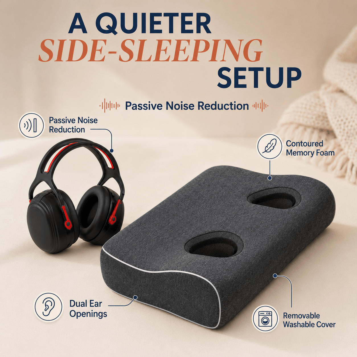 Arrowzoom Better Sleep 2 Ear Hole Memory Foam Pillow and Soundproof Ear Muffs KK1482