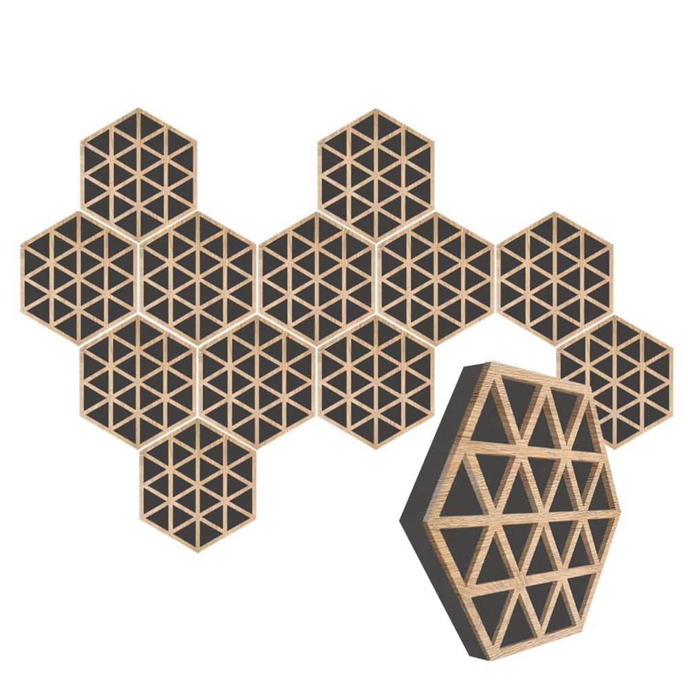 Arrowzoom™ Diffuse PRO Hexagonal Triangle Acoustic Wooden Panel - KK1404 12 Pcs - 29 x 29 x 5 cm /11.5 x 11.5 x 2 in