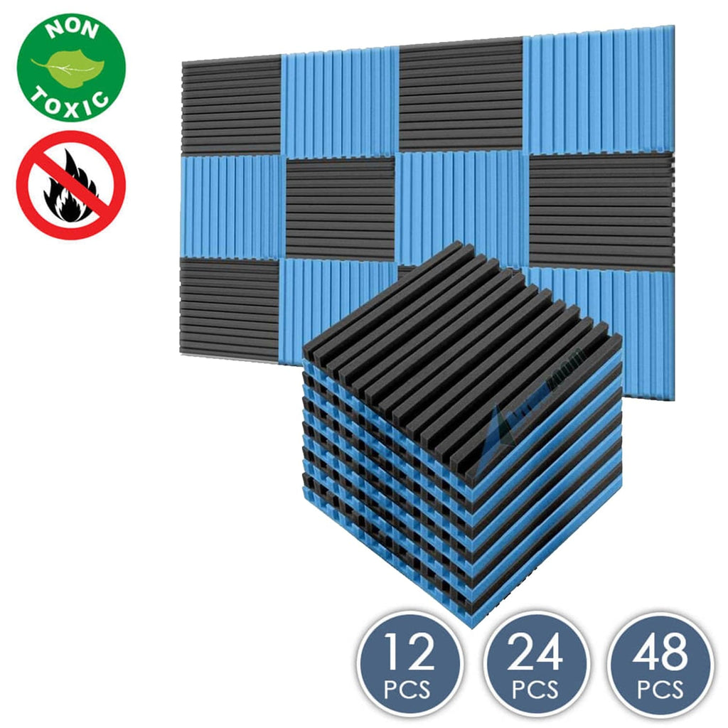 Arrowzoom Acoustic Foam Metro Striped Ceiling - Black x Blue Bundle - KK1041 12 Piece -50 x 50 x 5 cm / 20 x 20 x 2 in