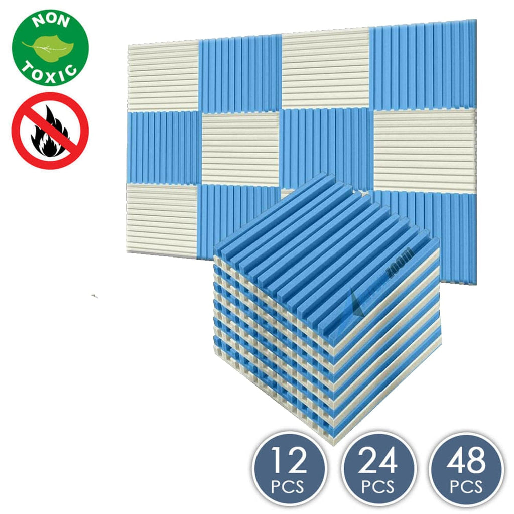 Arrowzoom Acoustic Foam Metro Striped Ceiling - Pearl White x Baby Blue Bundle - KK1041 12 Piece -50 x 50 x 5 cm / 20 x 20 x 2 in