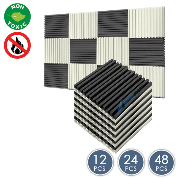 Arrowzoom Acoustic Foam Metro Striped Ceiling - Pearl White x Black Bundle - KK1041 12 Piece -50 x 50 x 5 cm / 20 x 20 x 2 in