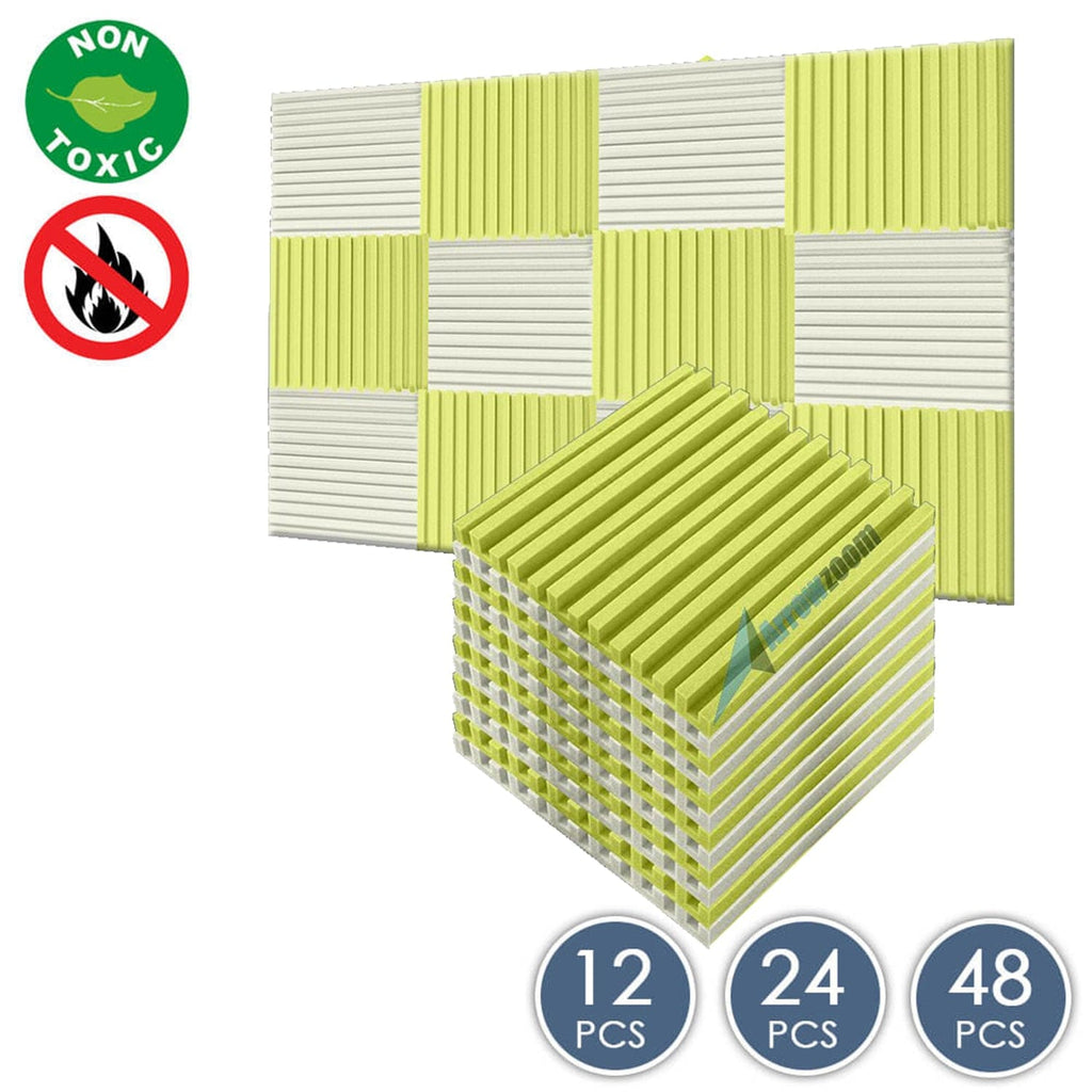 Arrowzoom Acoustic Foam Metro Striped Ceiling - Pearl White x Yellow Bundle - KK1041 12 Piece -50 x 50 x 5 cm / 20 x 20 x 2 in