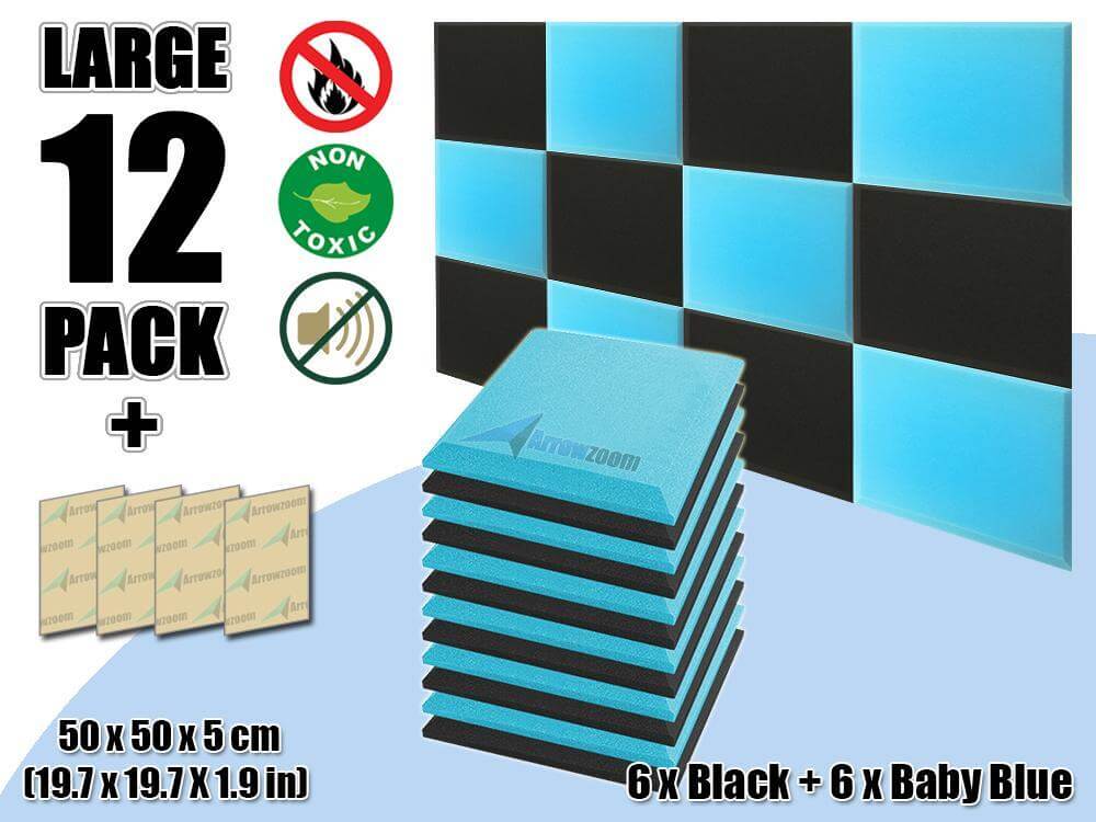Arrowzoom Flat Bevel Tile Series Acoustic Panel - Baby Blue x Black Bundle - KK1039 12 Piece -50 x 50 x 5 cm / 20 x 20 x 2 in