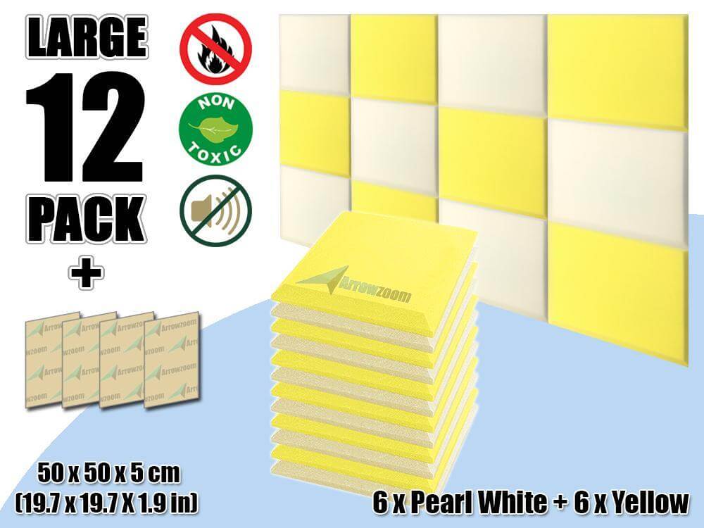 Arrowzoom Flat Bevel Tile Series Acoustic Panel - Pearl White x Yellow Bundle - KK1039 12 Piece -50 x 50 x 5 cm / 20 x 20 x 2 in