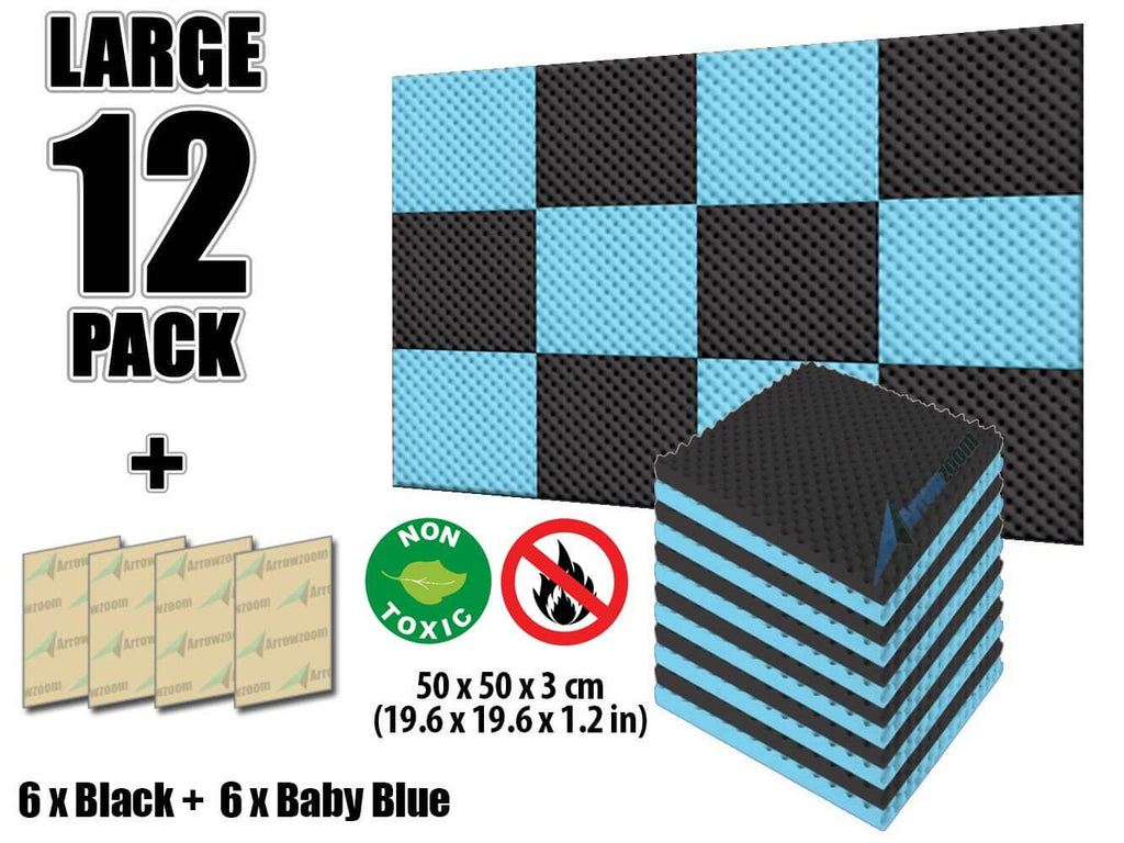 Arrowzoom Eggcrate Convoluted Series Acoustic Foam - Baby Blue x Black Bundle - KK1052 12 Pieces - 25 x 25 x 3 cm/ 10x10x2 in
