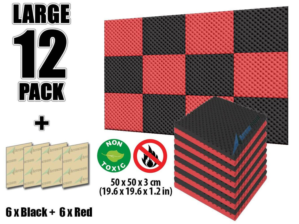 Arrowzoom Eggcrate Convoluted Series Acoustic Foam - Black x Red Bundle - KK1052 12 Pieces - 25 x 25 x 3 cm/ 10x10x2 in