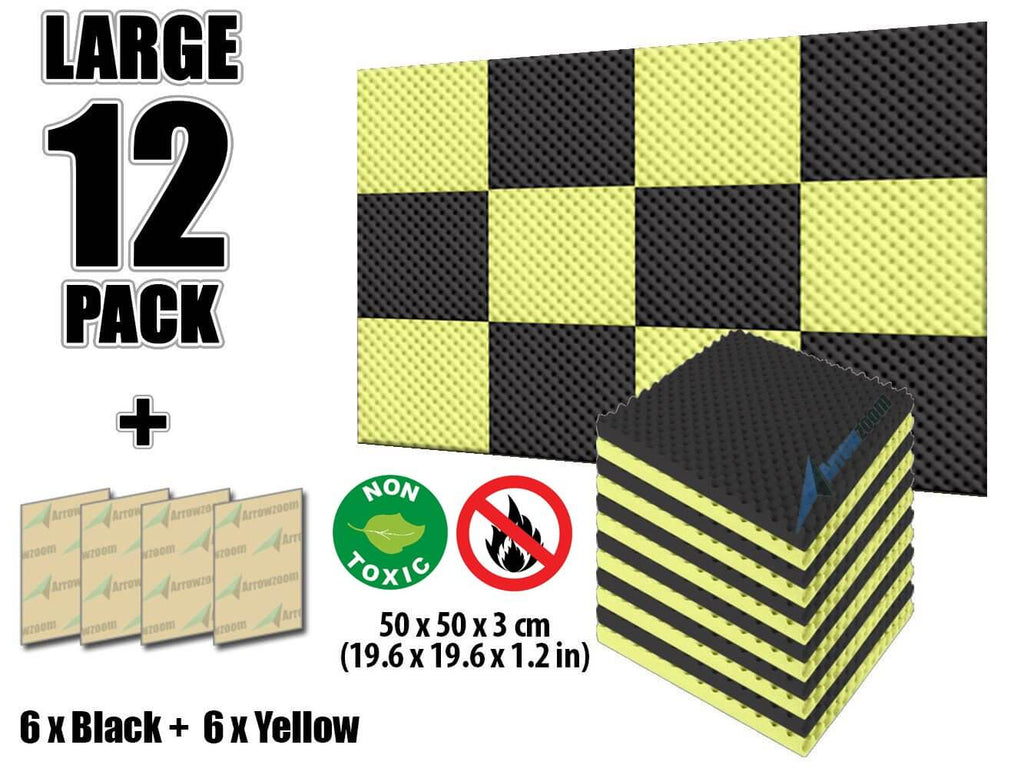 Arrowzoom Eggcrate Convoluted Series Acoustic Foam - Black x Yellow Bundle - KK1052 12 Pieces - 25 x 25 x 3 cm/ 10x10x2 in