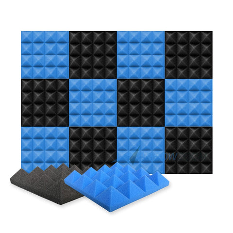 Arrowzoom Pyramid Series Acoustic Foam - Black x Blue Bundle - KK1034 12 Pieces - 25 x 25 x 5 cm/ 10 x 10 x 2in
