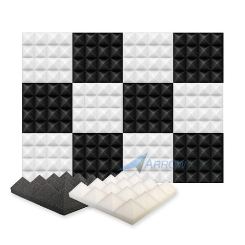 Arrowzoom Pyramid Series Acoustic Foam - Black x Pearl White Bundle - KK1034 12 Pieces - 25 x 25 x 5 cm/ 10 x 10 x 2in