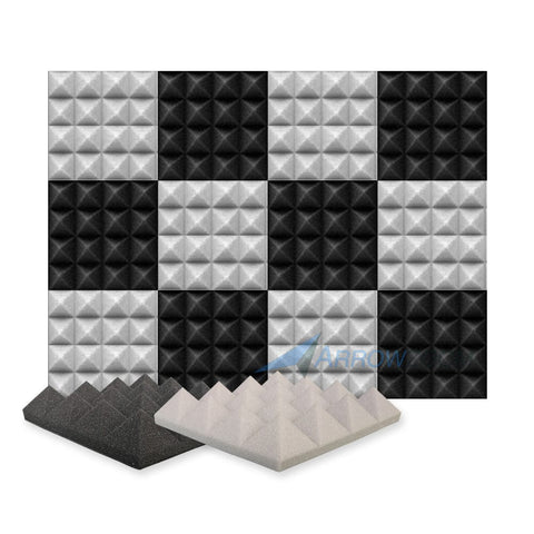 Arrowzoom Pyramid Series Acoustic Foam - Black x Gray Bundle - KK1034 12 Pieces - 25 x 25 x 5 cm/ 10 x 10 x 2in / Default color