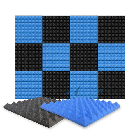 Arrowzoom Pyramid Series Acoustic Foam - Black x Blue Bundle - KK1034 12 Pieces - 50 x 50 x 5 cm / 20 x 20 x 2 in