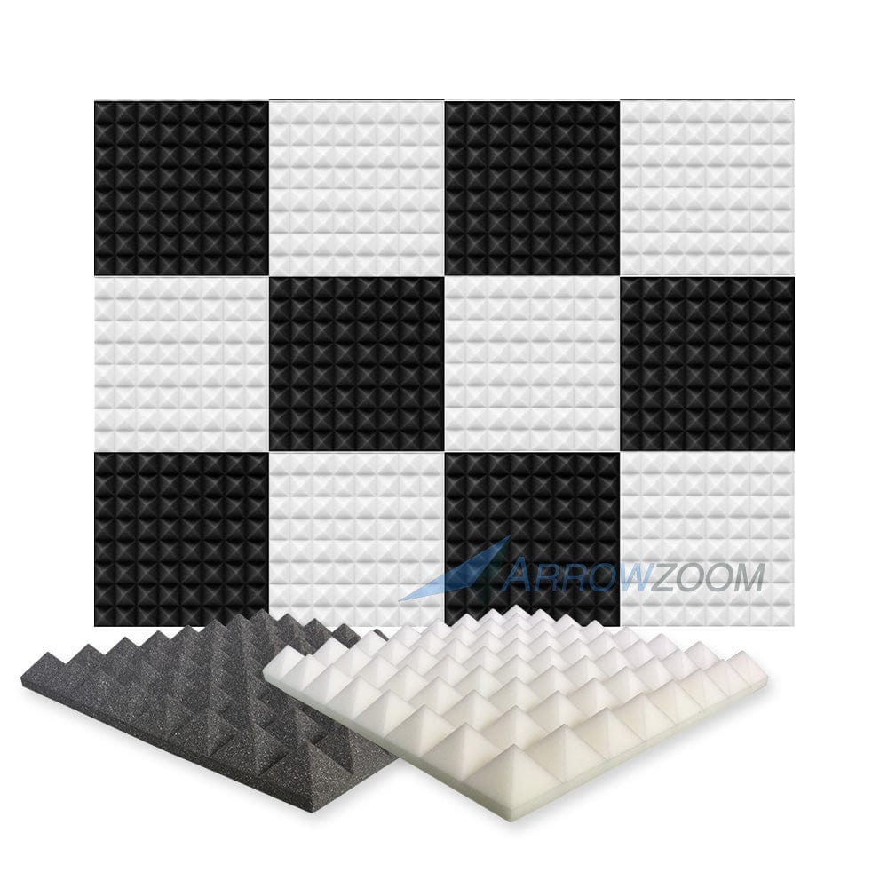 Arrowzoom Pyramid Series Acoustic Foam - Black x Pearl White Bundle - KK1034 12 Pieces - 50 x 50 x 5 cm / 20 x 20 x 2 in