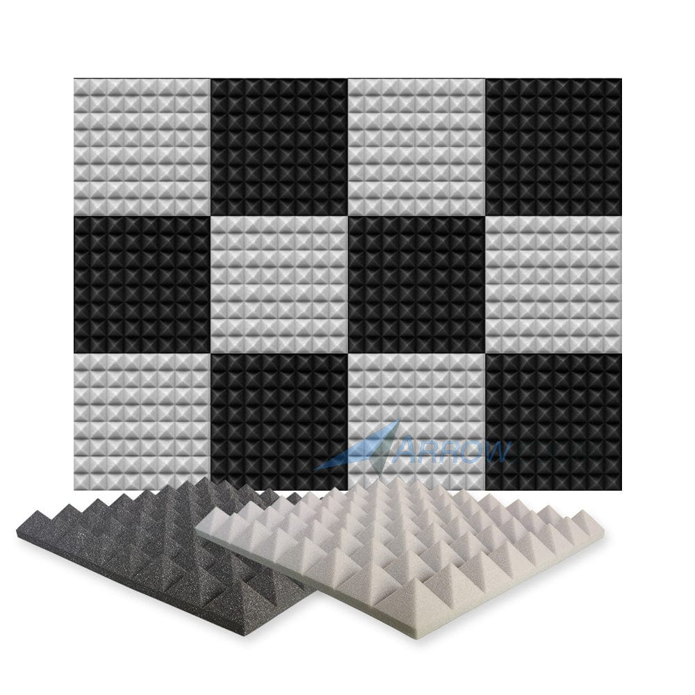 Arrowzoom Pyramid Series Acoustic Foam - Black x Gray Bundle - KK1034 12 Pieces - 50 x 50 x 5 cm / 20 x 20 x 2 in / Default color