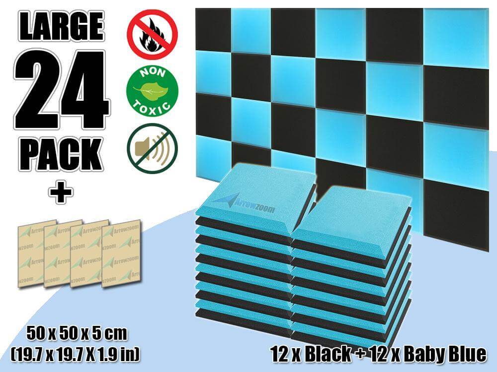 Arrowzoom Flat Bevel Tile Series Acoustic Panel - Baby Blue x Black Bundle - KK1039 24 Piece -50 x 50 x 5 cm / 20 x 20 x 2 in