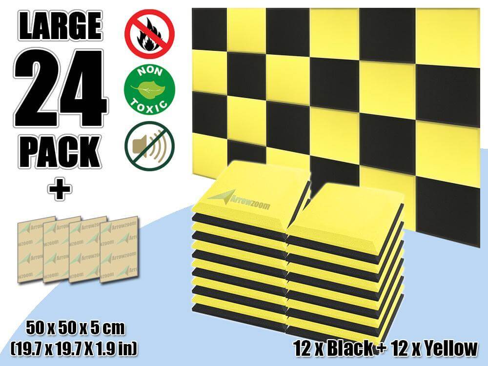 Arrowzoom Flat Bevel Tile Series Acoustic Panel - Black x Yellow Bundle - KK1039 24 Piece -50 x 50 x 5 cm / 20 x 20 x 2 in