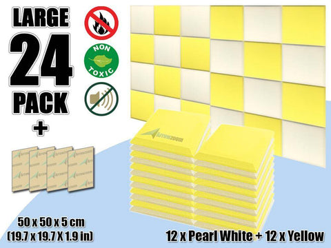 Arrowzoom Flat Bevel Tile Series Acoustic Panel - Pearl White x Yellow Bundle - KK1039 24 Piece -50 x 50 x 5 cm / 20 x 20 x 2 in