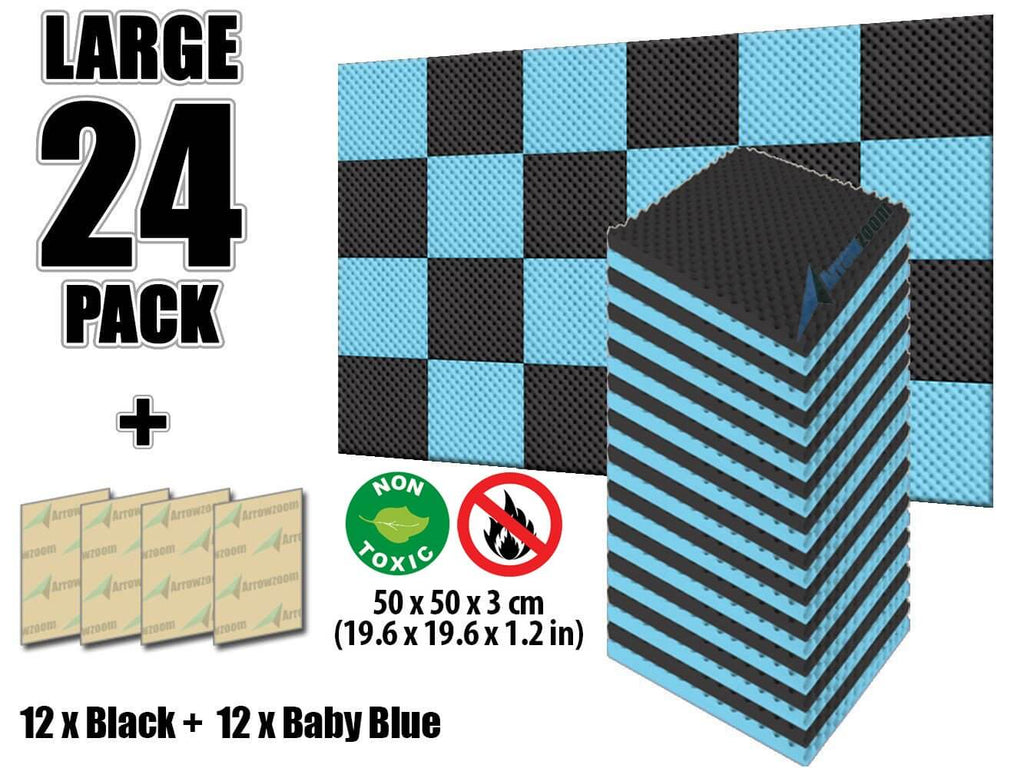 Arrowzoom Eggcrate Convoluted Series Acoustic Foam - Baby Blue x Black Bundle - KK1052 24 Pieces - 25 x 25 x 3 cm/ 10x10x2 in