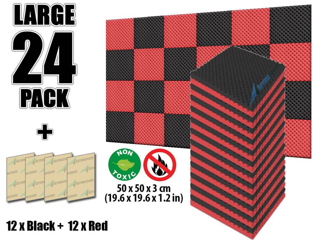 Arrowzoom Eggcrate Convoluted Series Acoustic Foam - Black x Red Bundle - KK1052 24 Pieces - 25 x 25 x 3 cm/ 10x10x2 in