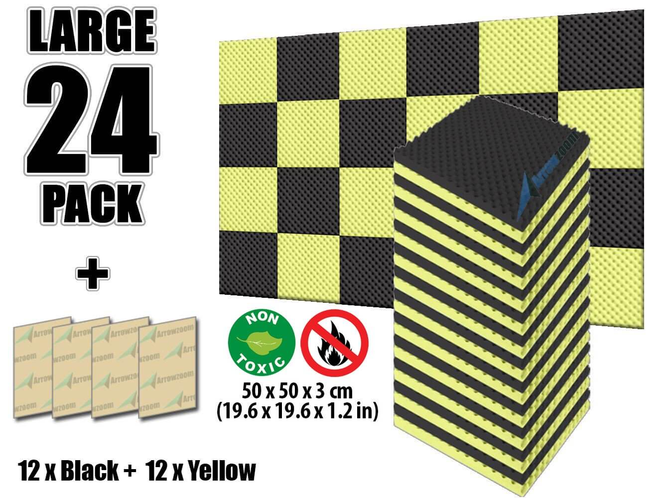 Arrowzoom Eggcrate Convoluted Series Acoustic Foam - Black x Yellow Bundle - KK1052 24 Pieces - 25 x 25 x 3 cm/ 10x10x2 in