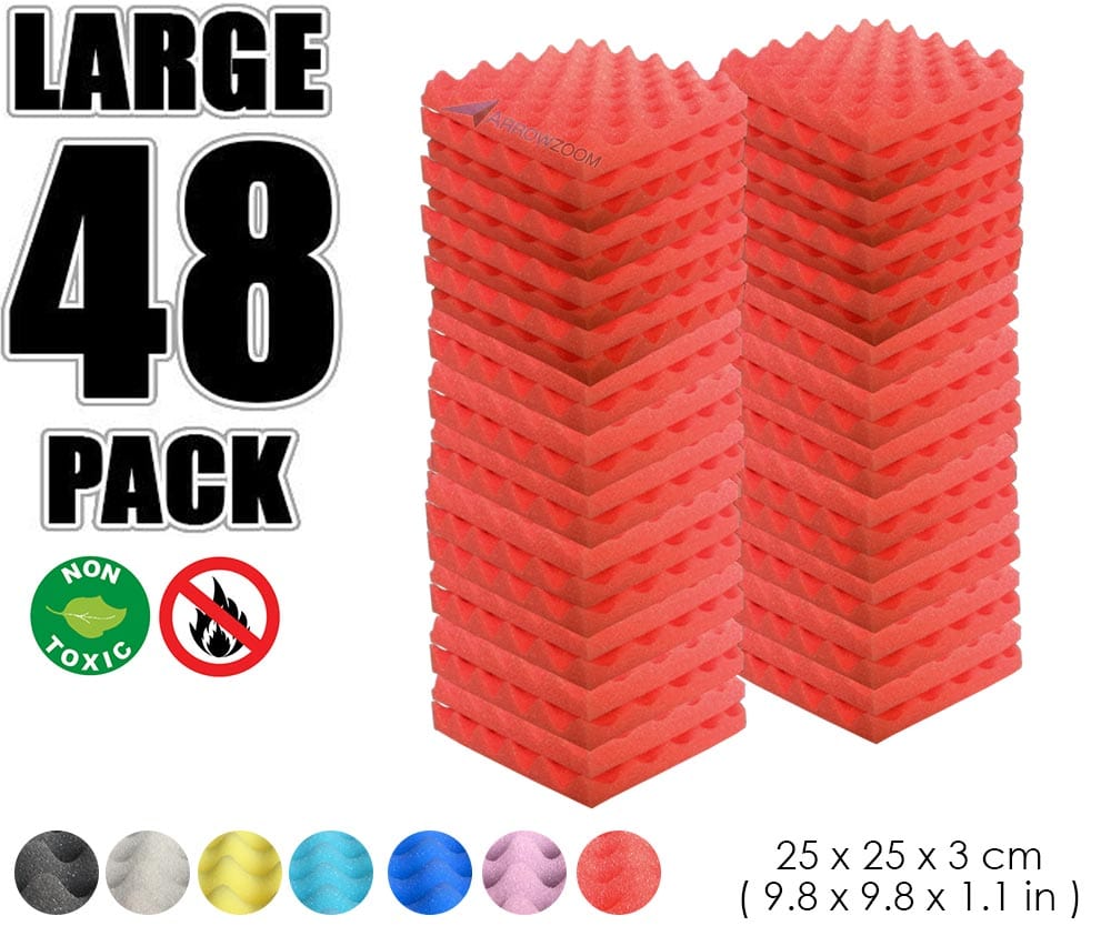 New 48 Pcs Bundle Egg Crate Convoluted Acoustic Tile Panels Sound Absorption Studio Soundproof Foam KK1052 25 X 25 X 3 cm (9.8 X 9.8 X 1.1 in) / Red