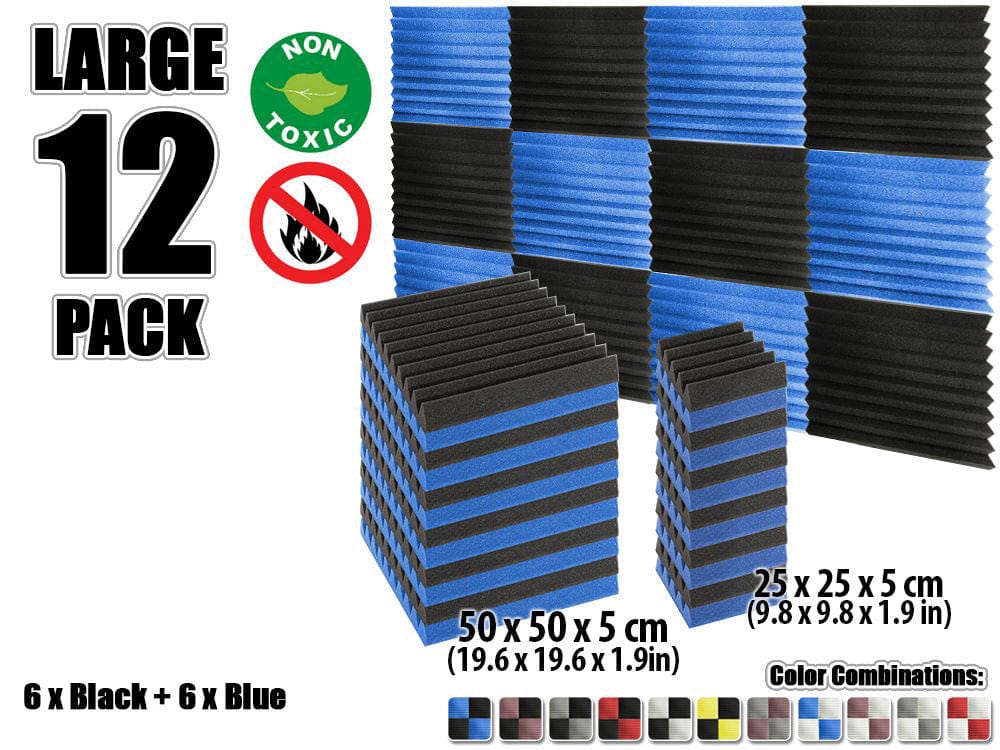 New 12 pcs Color Combination Wedge Tiles Acoustic Panels Sound Absorption Studio Soundproof Foam KK1134 25 x 25 x 5 cm (9.8 x 9.8 x 1.9 in) / Blue & Black
