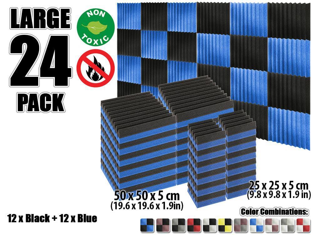New 24 pcs Color Combination Wedge Tiles Acoustic Panels Sound Absorption Studio Soundproof Foam KK1134 25 x 25 x 5 cm (9.8 x 9.8 x 1.9 in) / Blue & Black