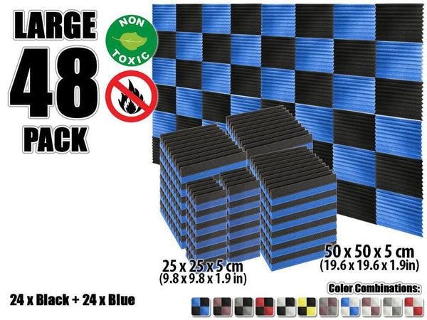 New 48 pcs Color Combination Wedge Tiles Acoustic Panels Sound Absorption Studio Soundproof Foam KK1134 25 x 25 x 5 cm (9.8 x 9.8 x 1.9 in) / Blue & Black