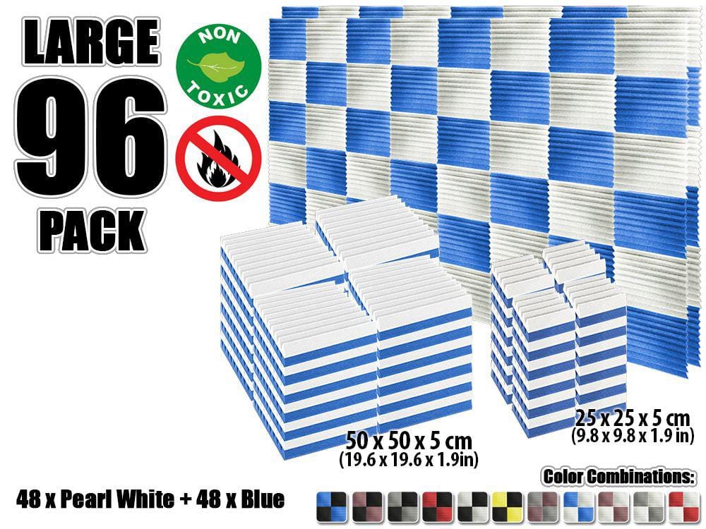 New 96 pcs Color Combination Wedge Tiles Acoustic Panels Sound Absorption Studio Soundproof Foam KK1134 25 x 25 x 5 cm (9.8 x 9.8 x 1.9 in) / Blue & White