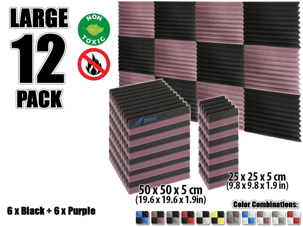 New 12 pcs Color Combination Wedge Tiles Acoustic Panels Sound Absorption Studio Soundproof Foam KK1134 25 x 25 x 5 cm (9.8 x 9.8 x 1.9 in) / Purple & Black