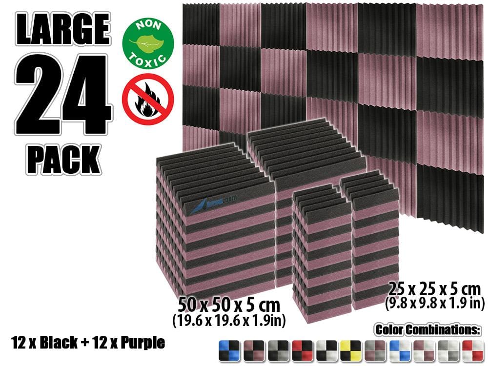 New 24 pcs Color Combination Wedge Tiles Acoustic Panels Sound Absorption Studio Soundproof Foam KK1134 25 x 25 x 5 cm (9.8 x 9.8 x 1.9 in) / Purple & Black