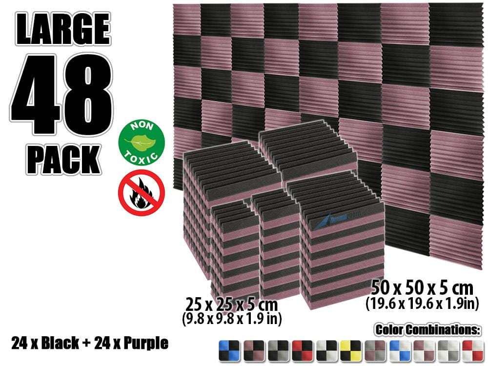 New 48 pcs Color Combination Wedge Tiles Acoustic Panels Sound Absorption Studio Soundproof Foam KK1134 25 x 25 x 5 cm (9.8 x 9.8 x 1.9 in) / Purple & Black