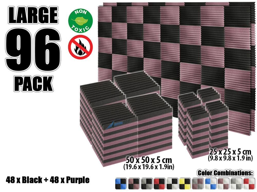 New 96 pcs Color Combination Wedge Tiles Acoustic Panels Sound Absorption Studio Soundproof Foam KK1134 25 x 25 x 5 cm (9.8 x 9.8 x 1.9 in) / Purple & Black