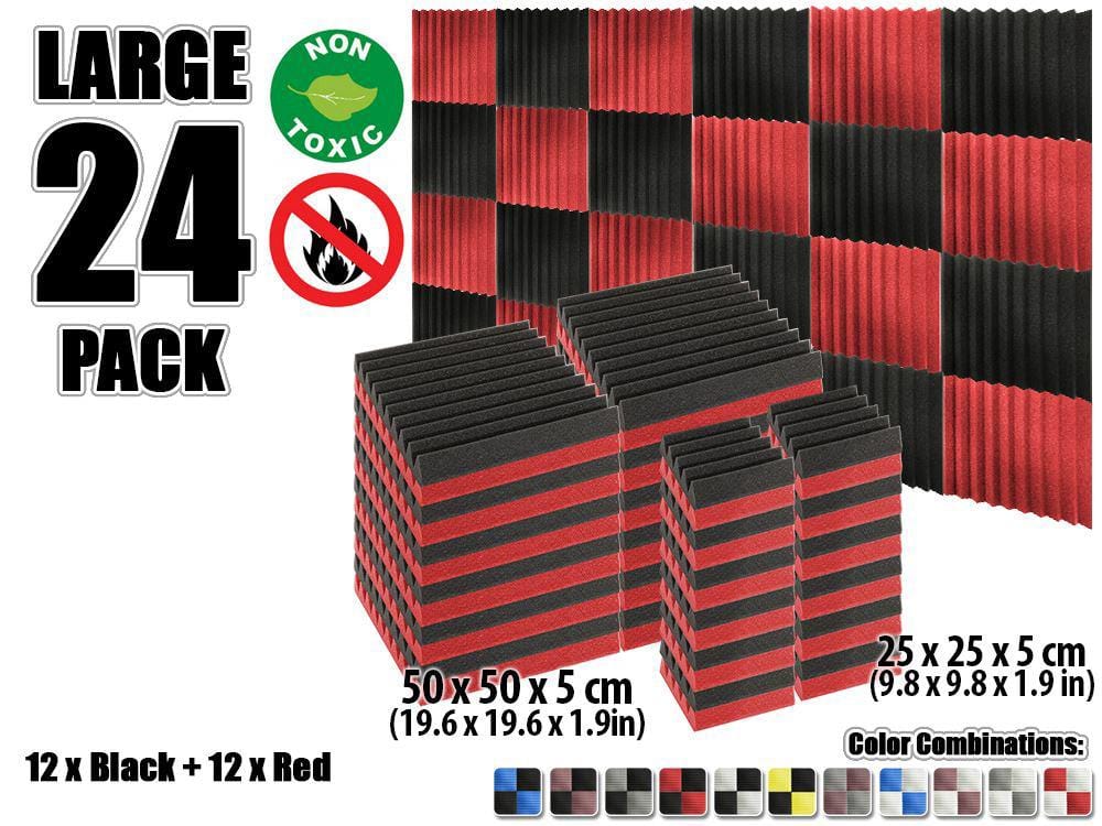 New 24 pcs Color Combination Wedge Tiles Acoustic Panels Sound Absorption Studio Soundproof Foam KK1134 25 x 25 x 5 cm (9.8 x 9.8 x 1.9 in) / Red & Black