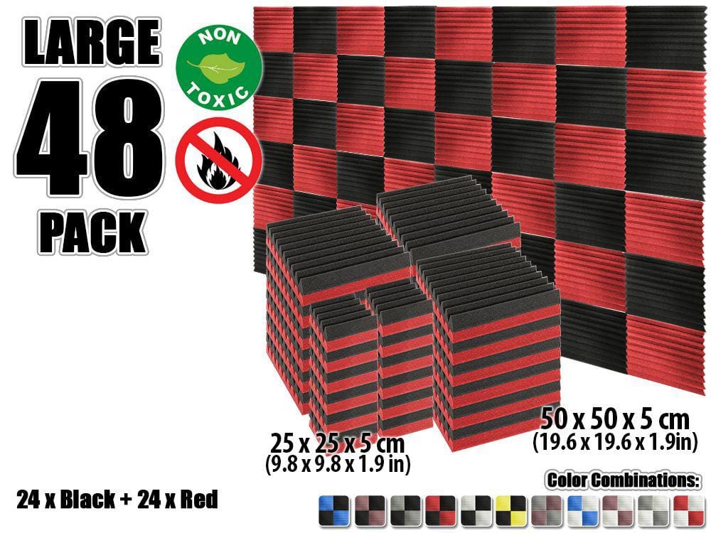 New 48 pcs Color Combination Wedge Tiles Acoustic Panels Sound Absorption Studio Soundproof Foam KK1134 25 x 25 x 5 cm (9.8 x 9.8 x 1.9 in) / Red & Black