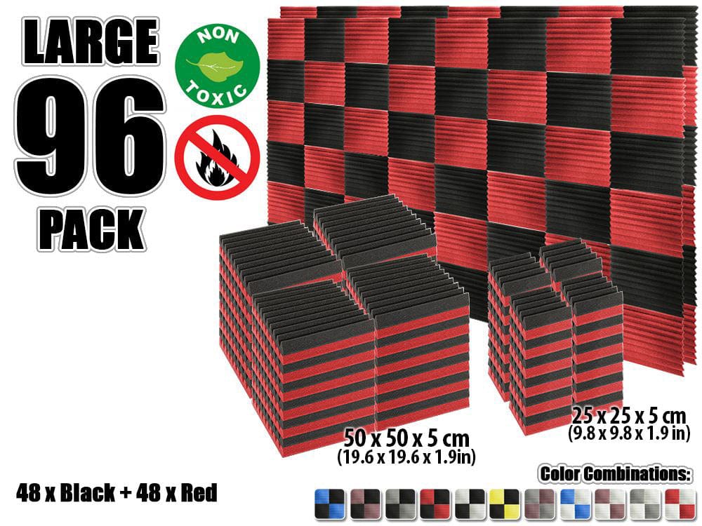 New 96 pcs Color Combination Wedge Tiles Acoustic Panels Sound Absorption Studio Soundproof Foam KK1134 25 x 25 x 5 cm (9.8 x 9.8 x 1.9 in) / Red & Black