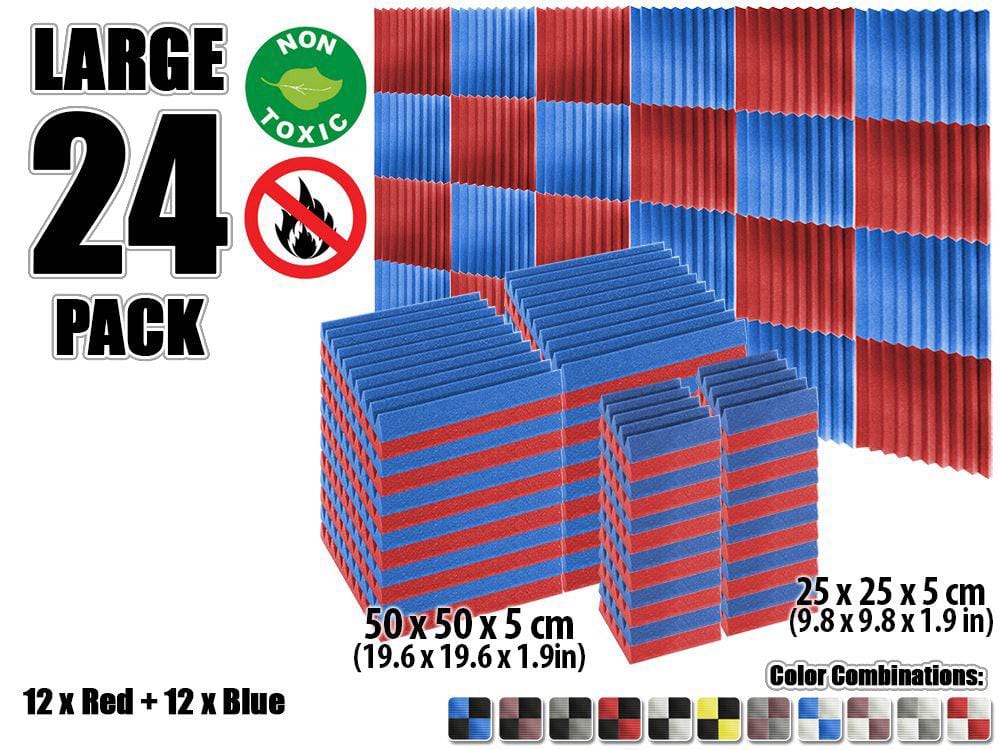 New 24 pcs Color Combination Wedge Tiles Acoustic Panels Sound Absorption Studio Soundproof Foam KK1134 25 x 25 x 5 cm (9.8 x 9.8 x 1.9 in) / Red & Blue