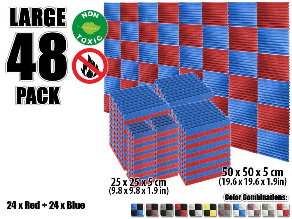 New 48 pcs Color Combination Wedge Tiles Acoustic Panels Sound Absorption Studio Soundproof Foam KK1134 25 x 25 x 5 cm (9.8 x 9.8 x 1.9 in) / Red & Blue