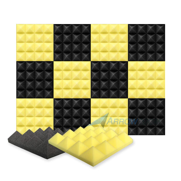 New 12 pcs Black and Yellow Bundle Pyramid Tiles Acoustic Panels Sound Absorption Studio Soundproof Foam KK1034 25 X 25 X 5cm (9.8 X 9.8 X 1.9 in)