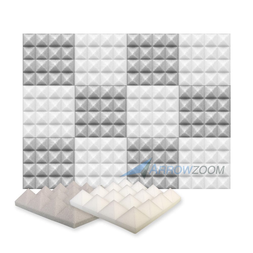 New 12 pcs Pearl White and Gray Bundle Pyramid Tiles Acoustic Panels Sound Absorption Studio Soundproof Foam KK1034 25 X 25 X 5cm (9.8 X 9.8 X 1.9 in)